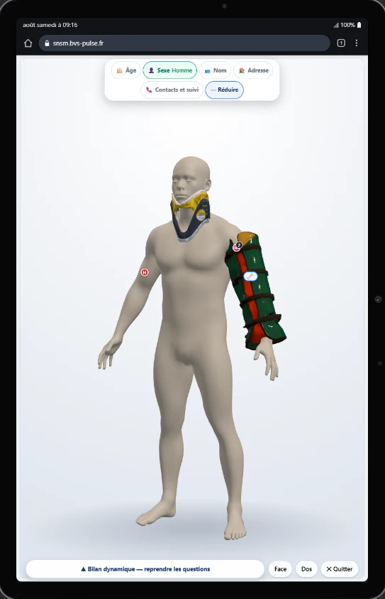 Fiche bilan victime dématérialisée sur tablette — bilan dynamique 3D avec collier cervical et attelle